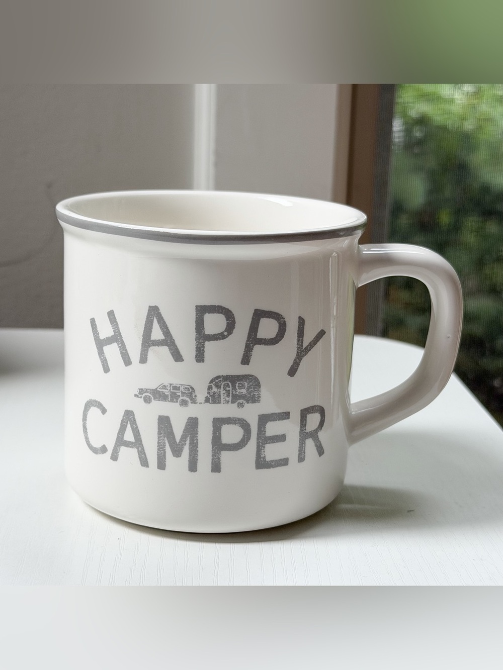 Pottery Barn White Ceramic "Happy Camper" Mug- Set of 2